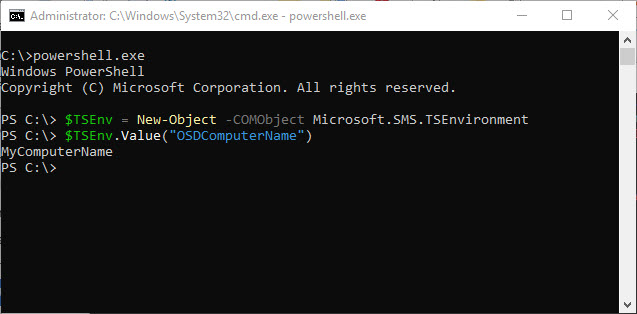 Launching PowerShell and accessing the TSEnvironment from the command prompt.