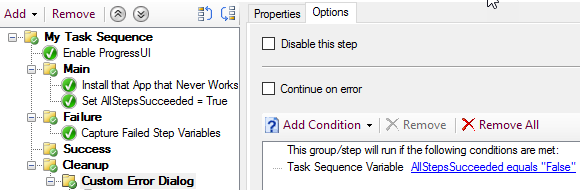 Condition on the Custom Error Dialog group to only run if there was a failure.