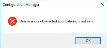 One or more of selected applications is not valid